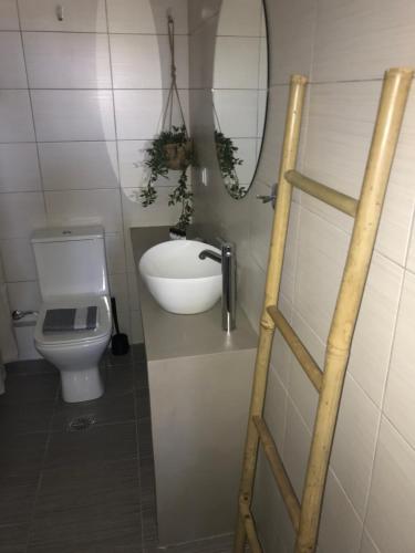 a bathroom with a sink and a toilet and a mirror at Artemis Apartments in Diakopto