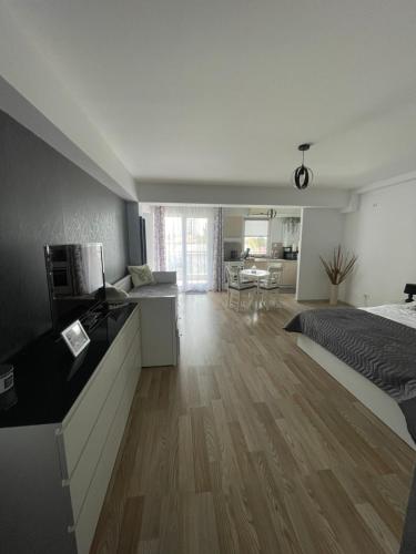 a bedroom with a bed and a kitchen and a living room at Bucharest Airport Henri Coanda & Therme-SELF CHECK-IN in Otopeni