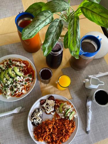 una mesa con platos de comida y una planta en Hotel Makarios, en Tuxtla Gutiérrez