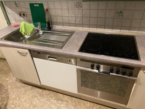 un bancone della cucina con piano cottura e lavandino di 3 Zimmer Apartment a Bayreuth