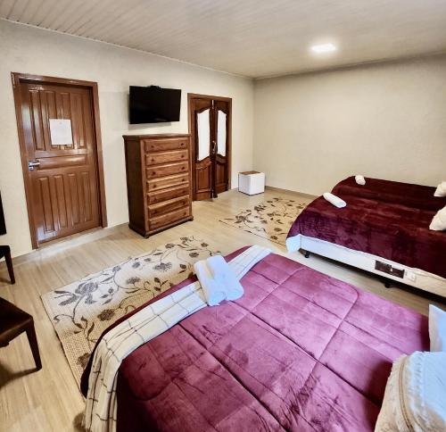 a bedroom with a large purple bed and a tv at Pousada Bliss House - Opções de suites com hidromassagem in Campos do Jordão