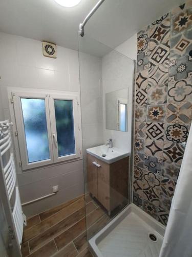 een badkamer met een douche en een wastafel bij Maisonnette T1 avec jardin in Saint-Laurent-sur-Sèvre