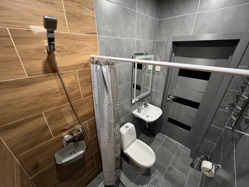 a bathroom with a sink and a toilet and a mirror at Юкон in Konopnitsa