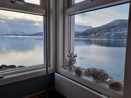 a window with a view of a body of water at Sjøhus ved Tjeldsundet - House by the sea in Evenskjer