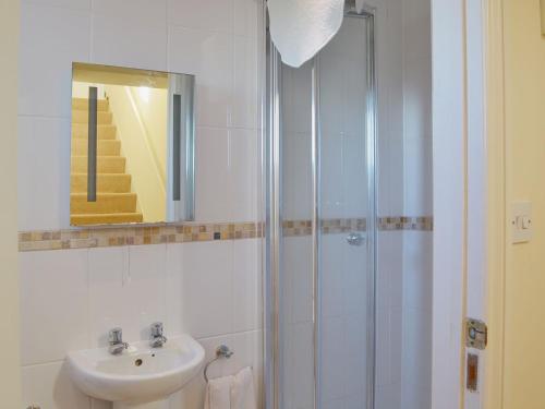 uma casa de banho com um lavatório e um chuveiro com um espelho. em Dartmoor View em Stoke Gabriel