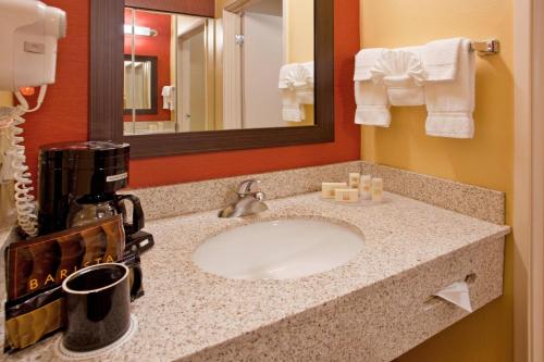 ein Bad mit einem Waschbecken in einem Hotelzimmer in der Unterkunft Courtyard Houston The Woodlands in The Woodlands