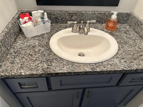 a bathroom counter with a sink and a white sink at 2 BR Loft 10 min from downtown in Nashville