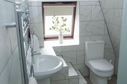 bagno con servizi igienici, lavandino e finestra di Margarets Buildings a Bath