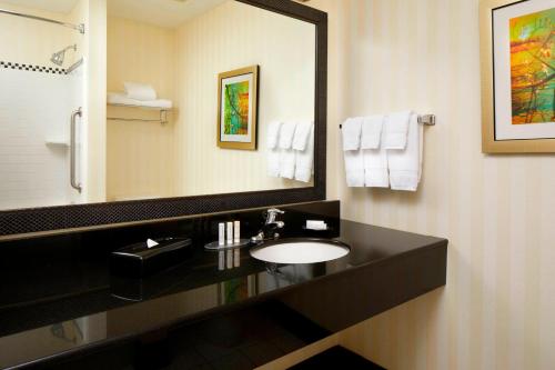 a bathroom with a sink and a large mirror at Fairfield Inn & Suites by Marriott Cumberland in Cumberland
