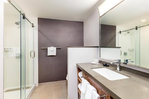 a bathroom with a sink and a mirror at Courtyard by Marriott Anaheim Resort/Convention Center in Anaheim