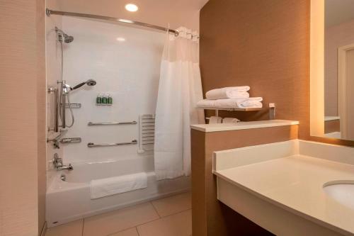 a bathroom with a shower and a sink at Fairfield Inn & Suites by Marriott Harrisburg International Airport in Middletown