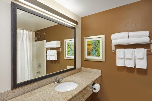a bathroom with a sink and a mirror and towels at Fairfield Inn and Suites Chicago Lombard in Lombard