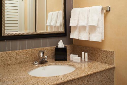 a bathroom with a sink with a mirror and towels at Courtyard by Marriott Detroit Warren in Warren