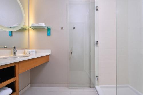 a bathroom with a shower and a sink at SpringHill Suites Ashburn Dulles North in Ashburn