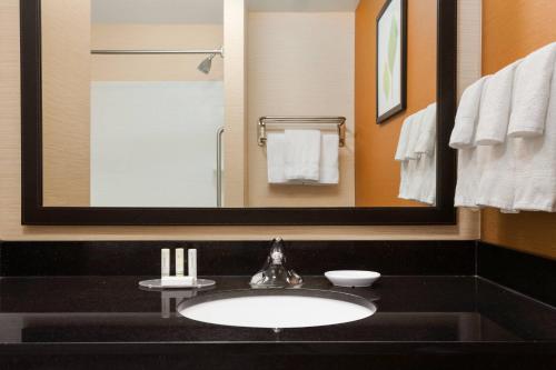 a bathroom with a sink and a mirror at Fairfield Inn & Suites by Marriott Weirton in Weirton