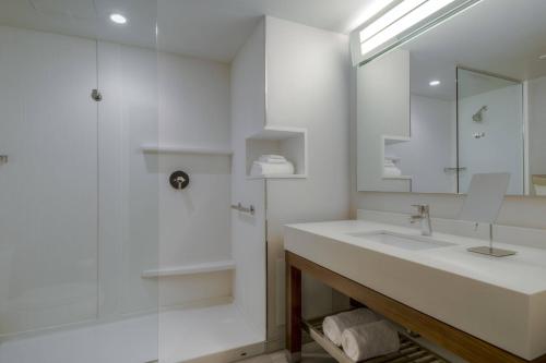 a white bathroom with a sink and a shower at Courtyard by Marriott Winnipeg Airport in Winnipeg