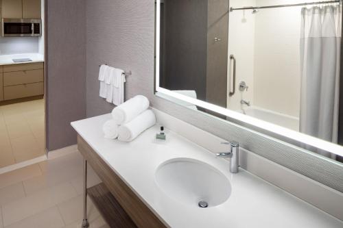 a bathroom with a sink and a mirror at SpringHill Suites by Marriott New York JFK Airport Jamaica in Queens