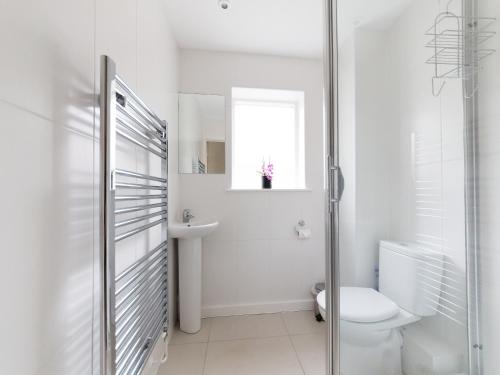 a white bathroom with a toilet and a sink at Lower Chine Apartment in Shanklin