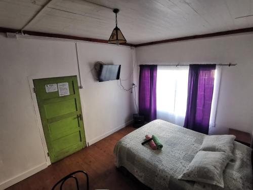 a bedroom with a bed and a green door at Hostal y Cabañas Maribel Zuñiga in Valdivia