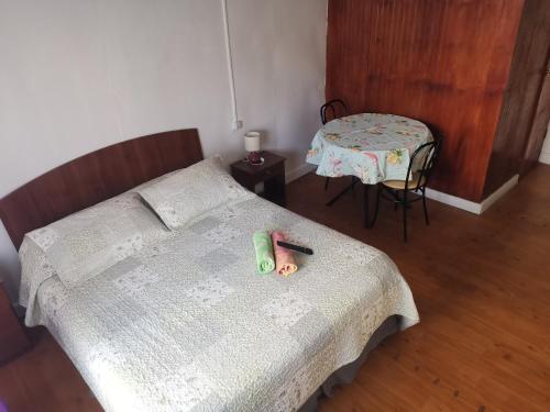 a bedroom with a bed and a table with a chair at Hostal y Cabañas Maribel Zuñiga in Valdivia