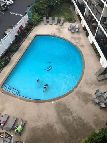 an overhead view of two people swimming in a swimming pool at AMAZING OCEAN VIEW - Kona Alii Condo KA606 in Kailua-Kona