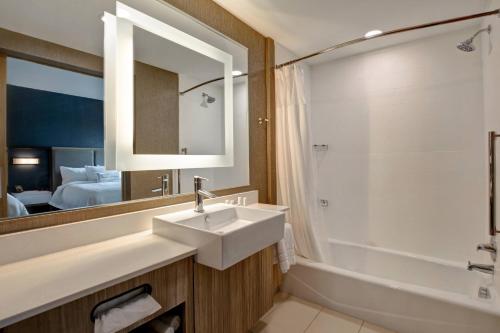 uma casa de banho com um lavatório, uma banheira e um espelho. em SpringHill Suites by Marriott Orangeburg em Orangeburg