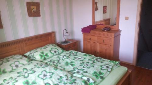 a bedroom with a bed and a dresser and a mirror at Country club Konírna in Šluknov
