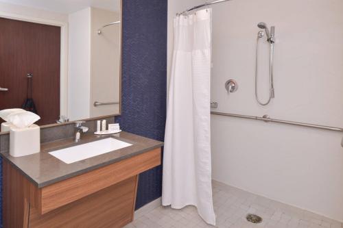 y baño con cortina de ducha y lavamanos. en Fairfield Inn & Suites by Marriott Pittsburgh New Stanton, en New Stanton