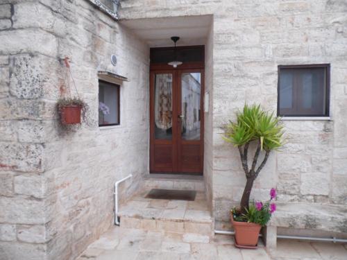 a brick house with a wooden door and a plant at Trulli migrado in Alberobello