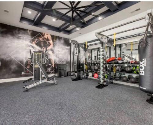 a fitness room with a gym with a painting on the wall at South Charlotte Most Wanted in Charlotte