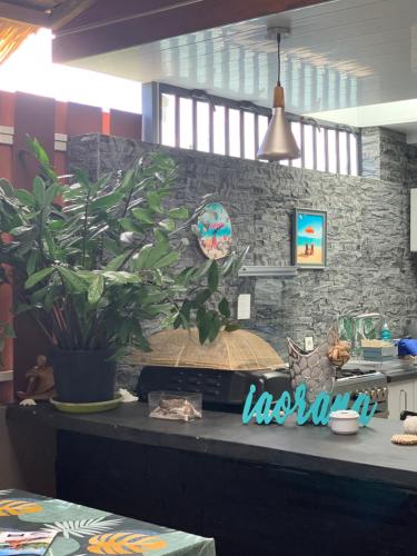 a kitchen counter with a plant on a stone wall at TAMANU LODGE in Punaauia