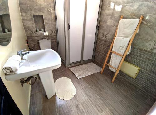 La salle de bains est pourvue d'un lavabo et d'une douche. dans l'établissement Villa Dar Sukar, à Marrakech