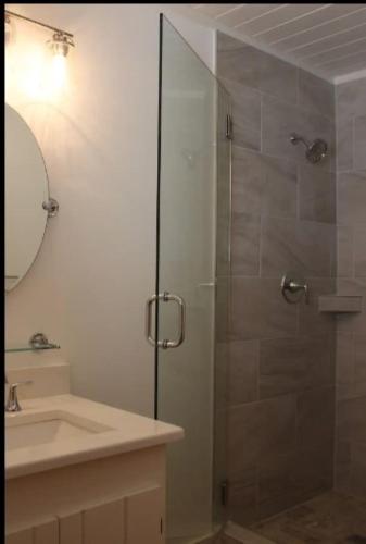 a bathroom with a shower and a sink at Mucho Gusto in Bandera