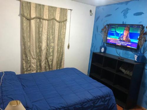 1 dormitorio con 1 cama y TV de pantalla plana en Zut2 en Tandil