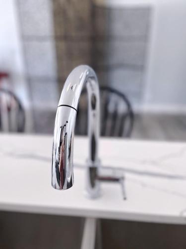 a kitchen sink with a chrome kitchen faucet at Banff Garden Suite&2mins Bus station Close LRT& Free Parking in Calgary