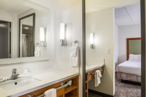 a bathroom with a sink and a mirror and a bed at SpringHill Suites Hampton in Hampton