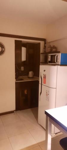 a kitchen with a white refrigerator and a microwave at Departamento Macro in Mendoza