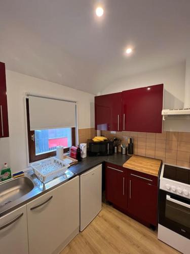 une cuisine avec des placards rouges et un comptoir dans l'établissement Bob - SuperConfort - HyperCentre, à Mulhouse
