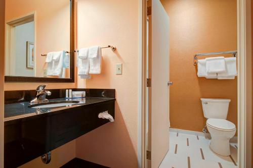 een badkamer met een wastafel, een toilet en een spiegel bij Fairfield Inn Green Bay Southwest in Green Bay