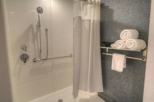 bagno con doccia, tenda per la doccia e asciugamani di Fairfield Inn & Suites by Marriott Gatlinburg Downtown a Gatlinburg