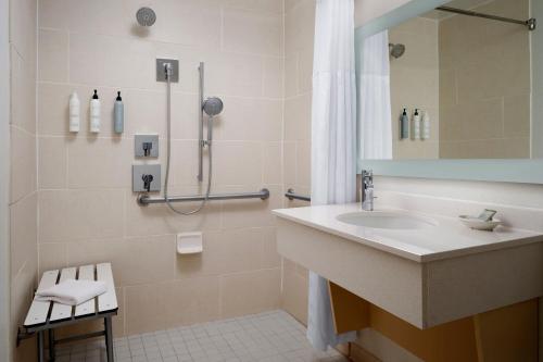 ein Bad mit einem Waschbecken und einer Dusche in der Unterkunft SpringHill Suites Austin South in Austin