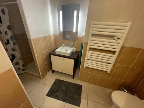 une salle de bain avec toilettes et lavabo dans l'établissement Bel appartement climatisé avec piscine et balcon, proche plage et commerces - Cap d'Agde - FR-1-723-67, au Cap d'Agde
