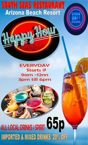 a flyer for a hawaiian restaurant with a drink at Arizona Beach Resort, Subic Bay, Philippines 2200 in Olongapo