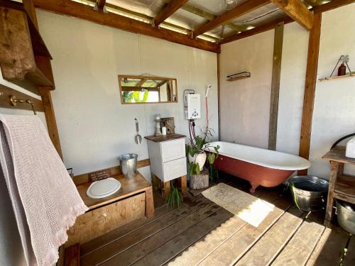 a bathroom with a tub and a toilet and a sink at Golden Domes in Cootharaba