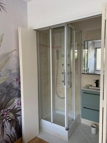 une douche en verre dans une salle de bain avec un lavabo dans l'établissement La Pinède - Appartment 3 bedrooms, à Vallauris