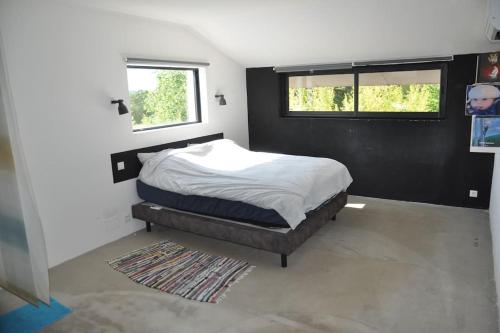 sypialnia z łóżkiem i dwoma oknami w obiekcie Villa (Loft) à Villetelle, 20 mn des plages w mieście Villetelle