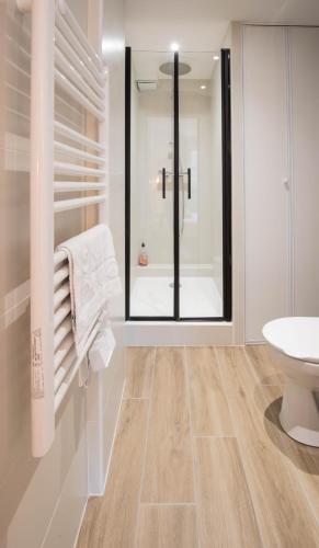 une salle de bain avec une douche, des toilettes et un lavabo dans l'établissement Acapulco romantique, à Annecy