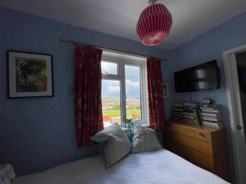 a bedroom with a window and a bed and a television at Artist's home with views over Bath in Bath