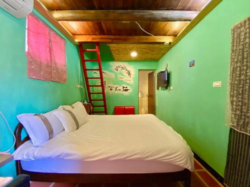 a green room with a bed and a ladder at 彼岸古厝民宿-包棟優先--Biiann B&B in Jinning