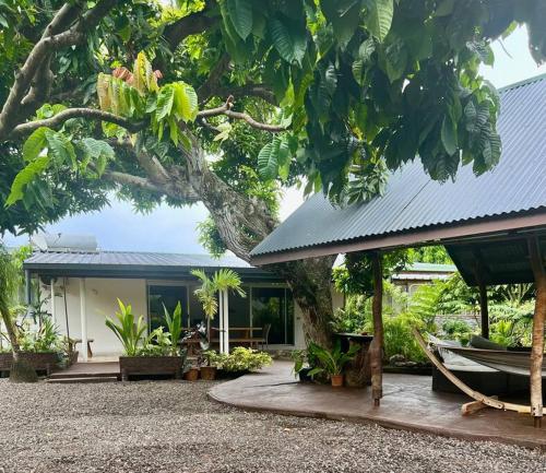 a house with a tree in front of it at Heitiare lodge in Paea